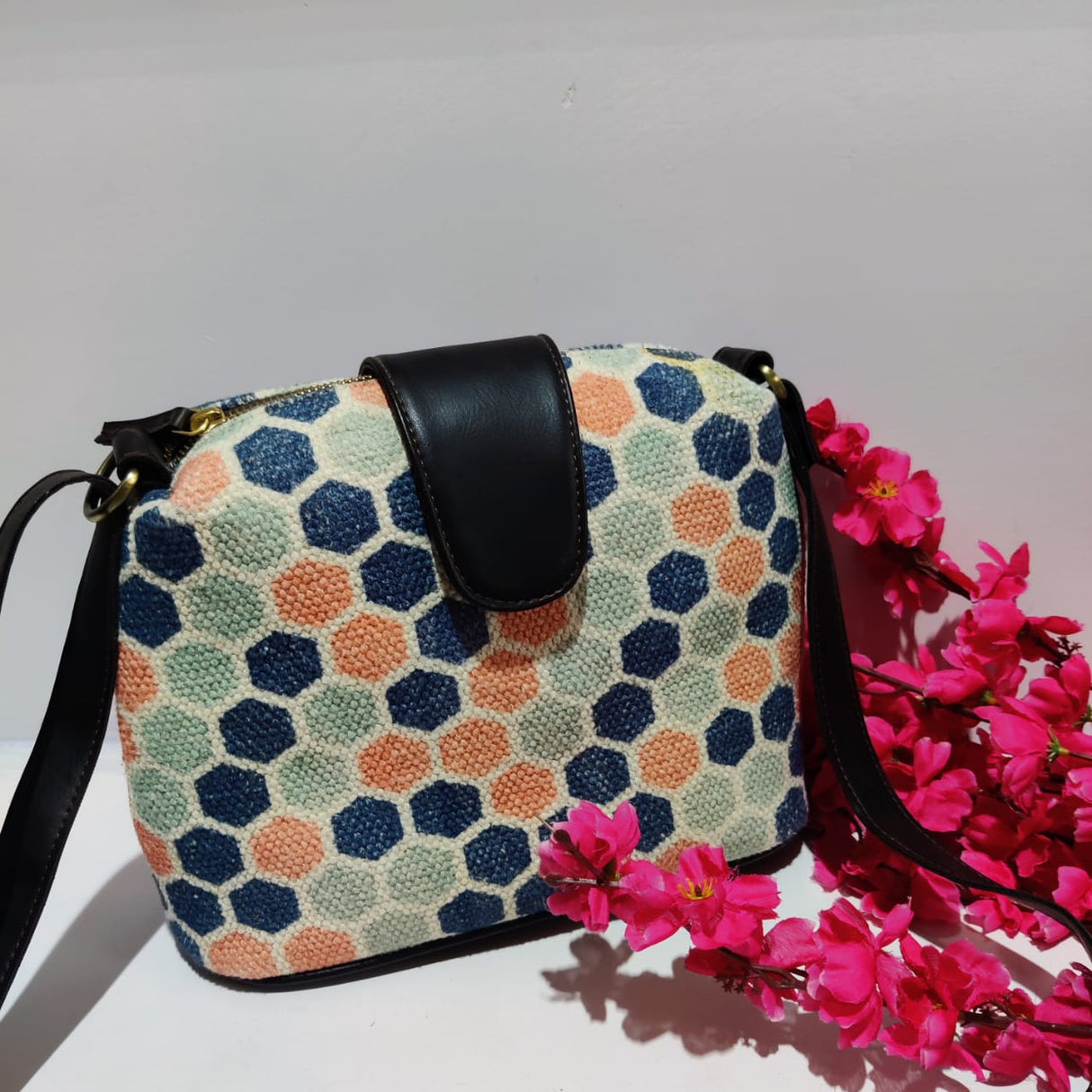 Handwoven Dhurrie Bags,Cotton Dhurrie Sling Bag,Blue