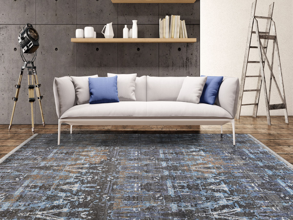 Hand Made Best Affordable Wool Bamboo Silk Carpet, Blue & Black