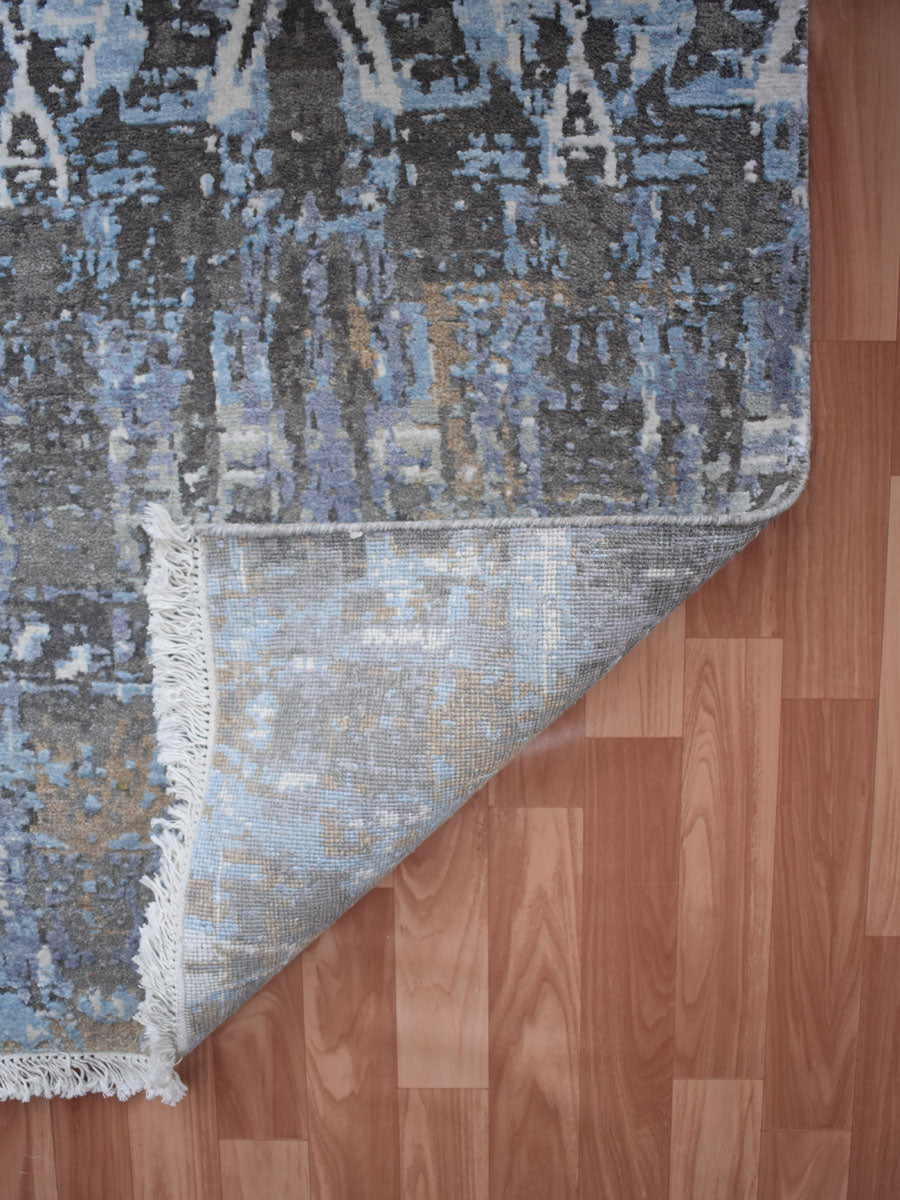 Hand Made Best Affordable Wool Bamboo Silk Carpet, Blue & Black