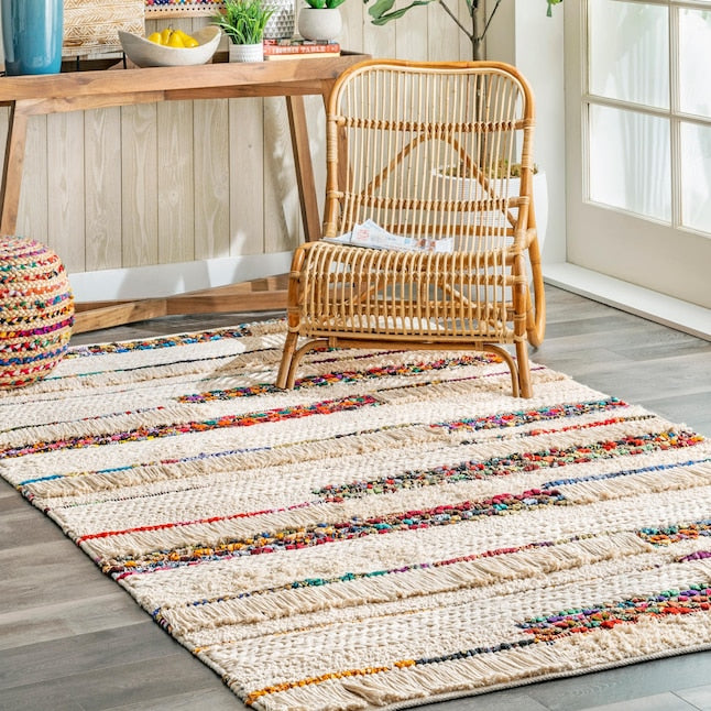 Handwoven Cotton Wooled Multi-Ivory Rug for Living Room