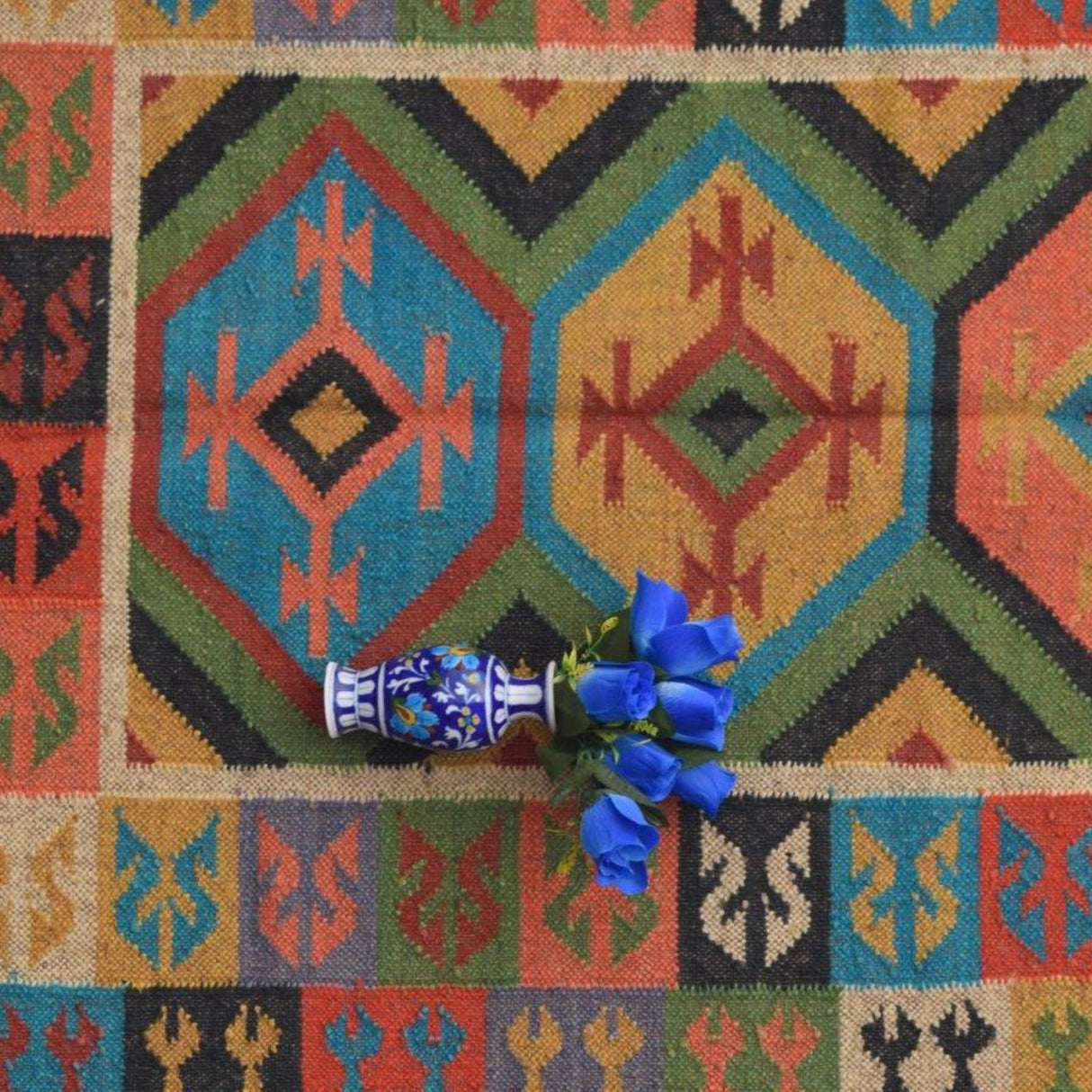 Boho Wool Jute Kilim Rug Handmade Multicolor Rug