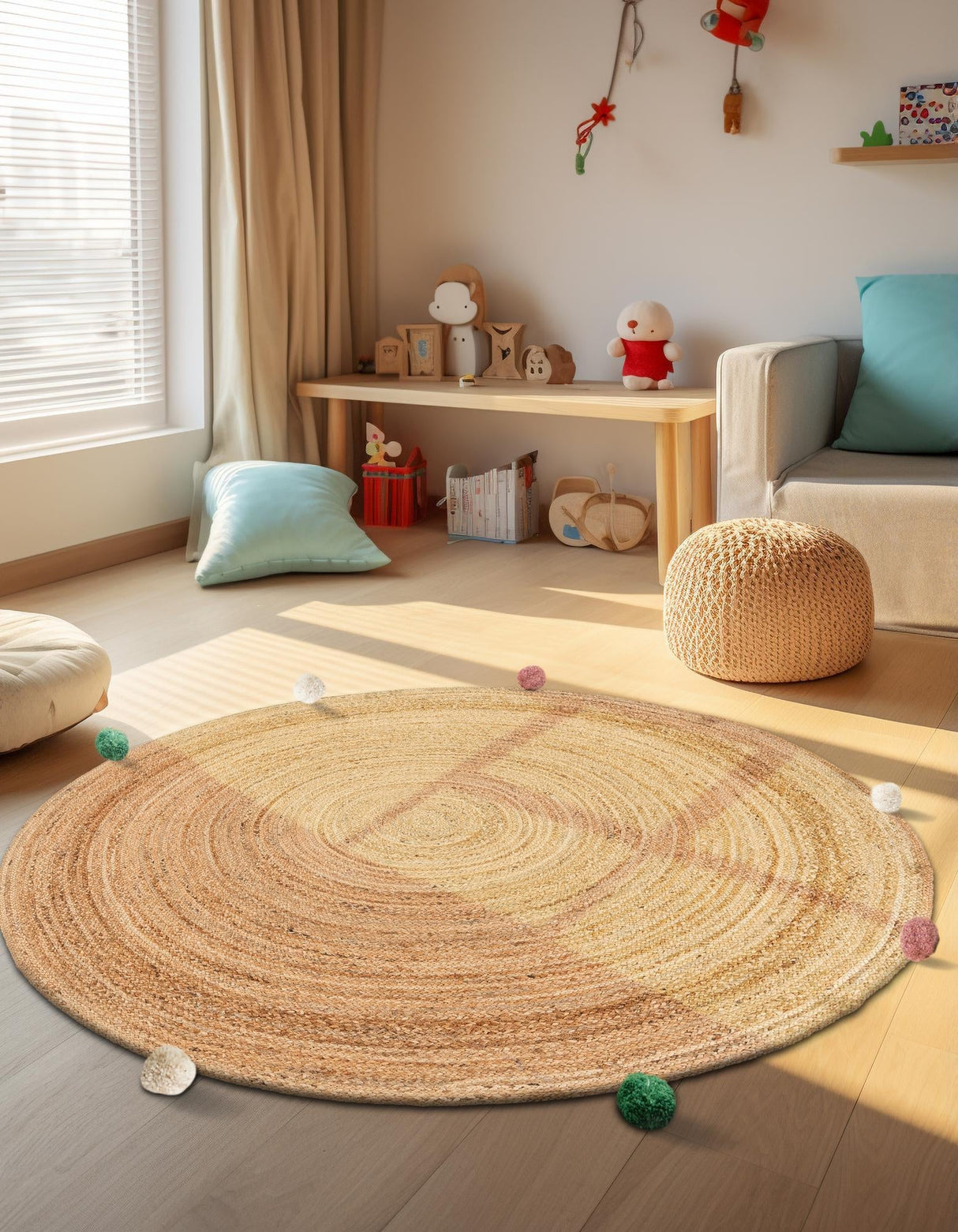 Round Jute Rug for Kids – Hand Braided Natural Rug for Nursery or Bedroom