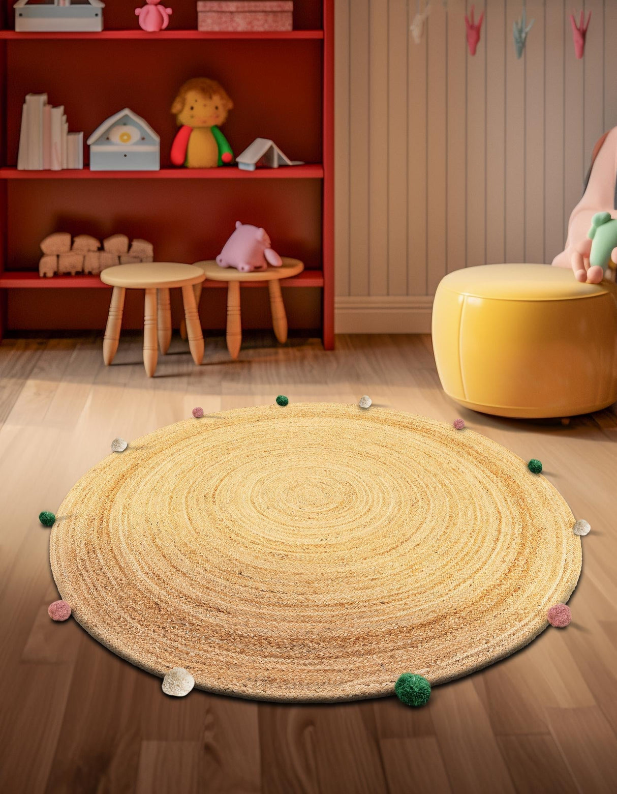 Round Jute Rug for Kids – Hand Braided Natural Rug for Nursery or Bedroom