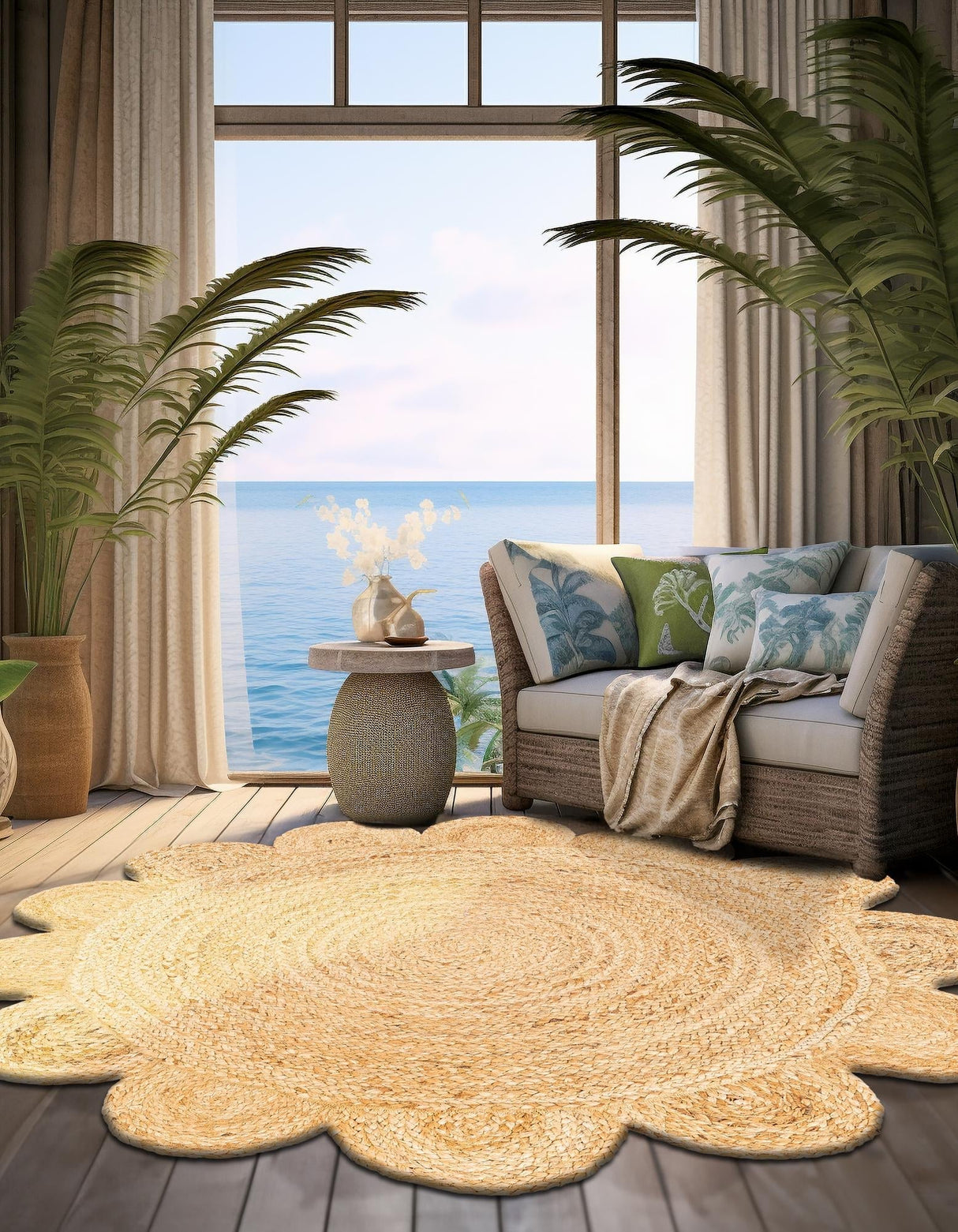 Hand Scallop Braided Jute Rug – Natural Fiber Rug with Decorative Edge