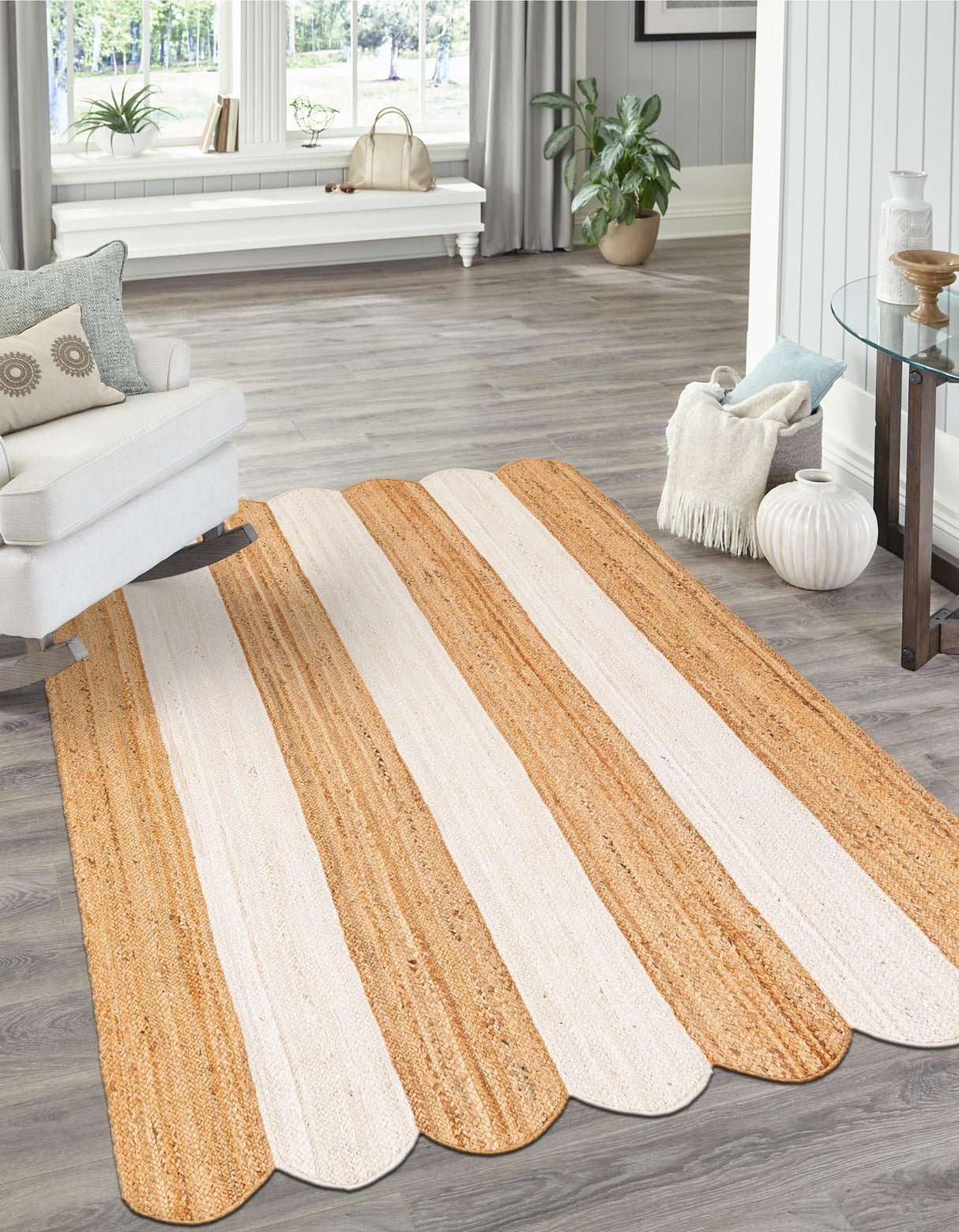 Eco-Friendly Hand Scallop Braided Jute Rug in Natural & Ivory Tones