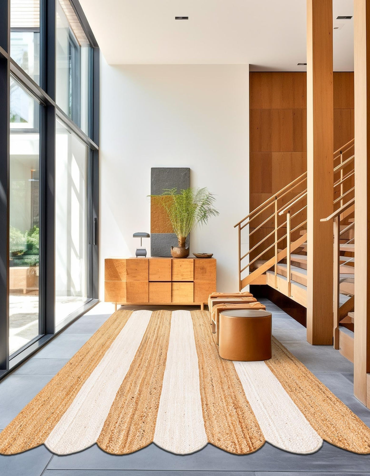 Eco-Friendly Hand Scallop Braided Jute Rug in Natural & Ivory Tones