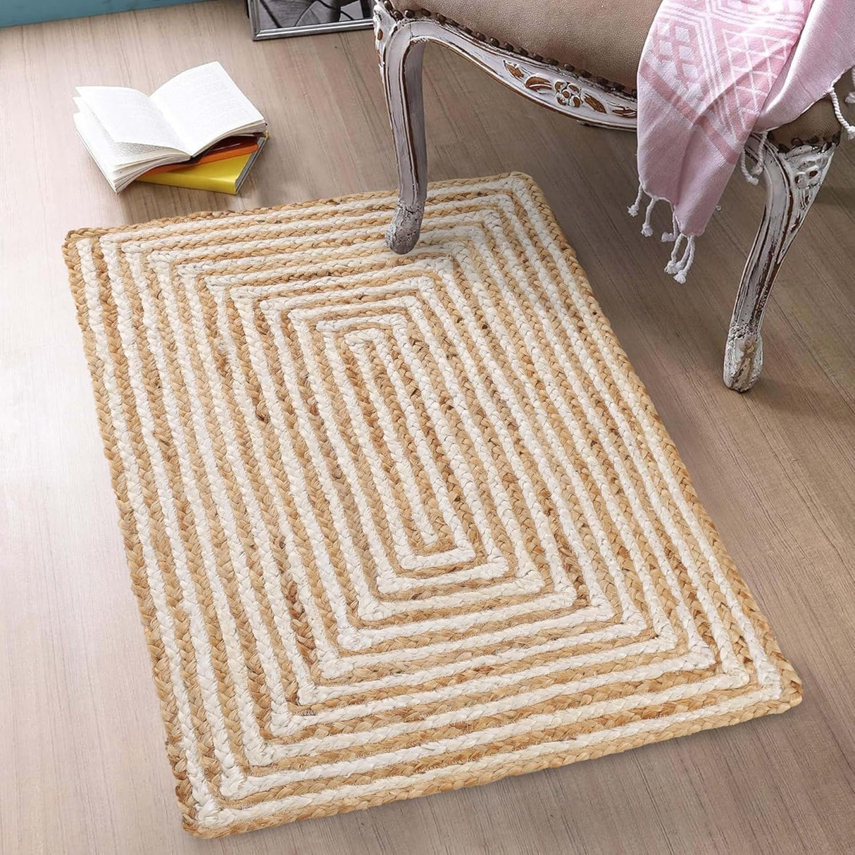 Rustic Bohemian Handwoven Jute Rug – Braided Area Carpet for Home Décor