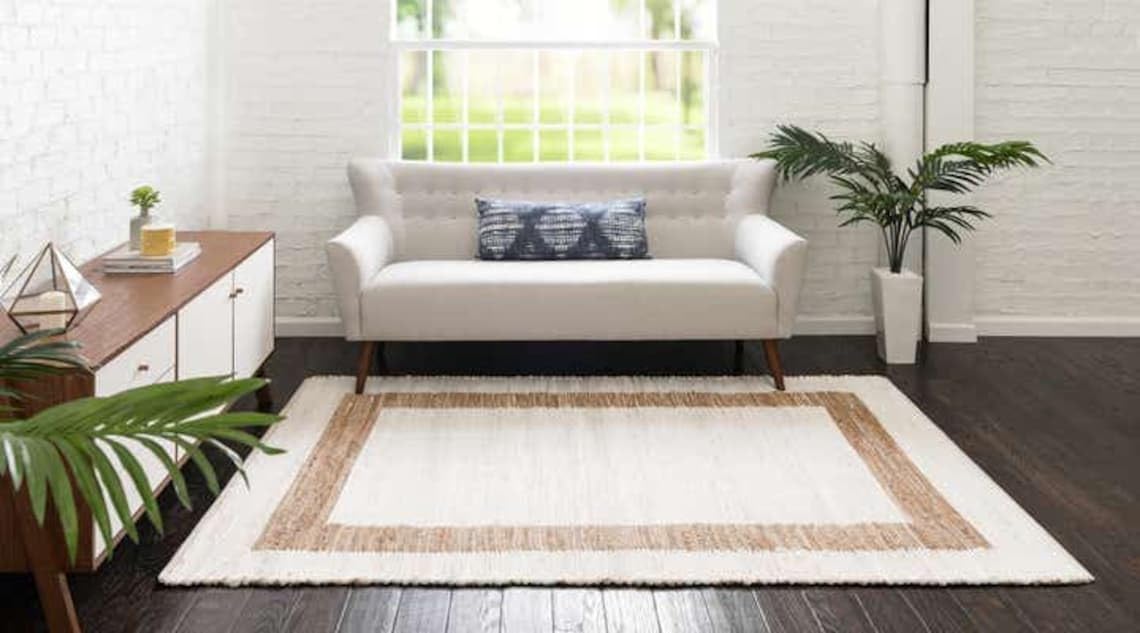 Tapis en jute et coton tissé à la main, style bohème, moderne, blanc