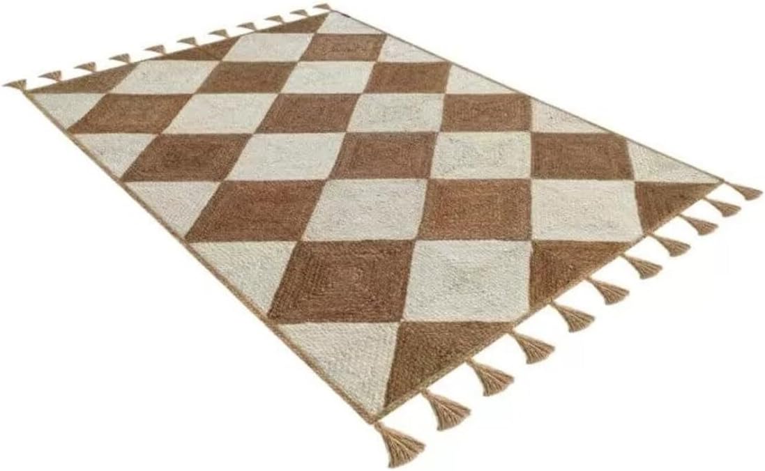 Diamond Pattern Hand Braided Natural Jute Rug – Indian Handmade Floor Decor