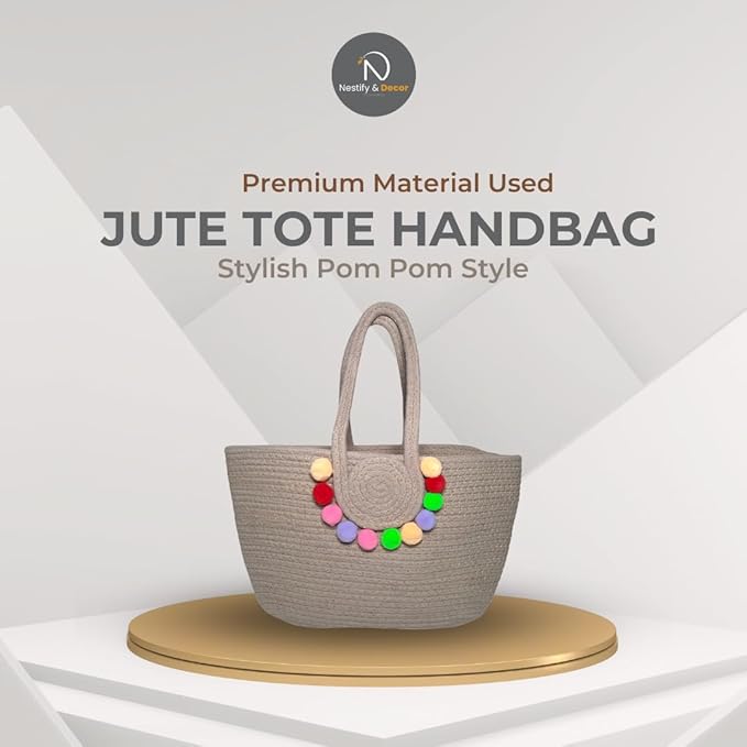 DECOR Pure Cotton Light Brown Jute Tote Bag with Pom Poms – Stylish
