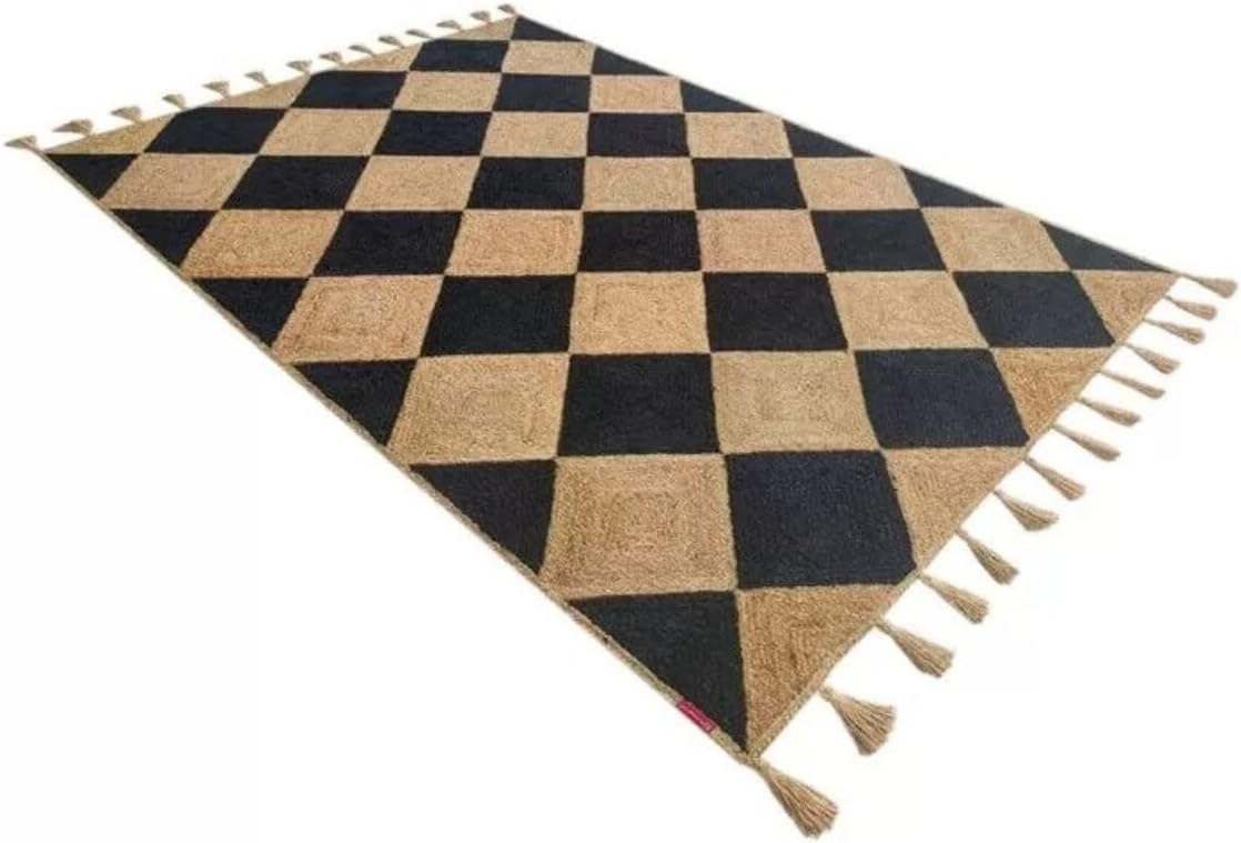 Diamond Pattern Hand Braided Natural Jute Rug – Indian Handmade Floor Decor