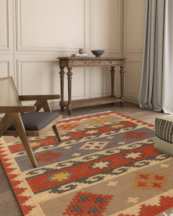 Handmade Kilim Rugs, Red With Multicolor Wool Jute Rug, Home Decor Rug