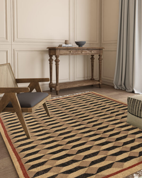 Handmade Dhurrie Wool Jute Rug, Beige And Black, Home Decor Rug