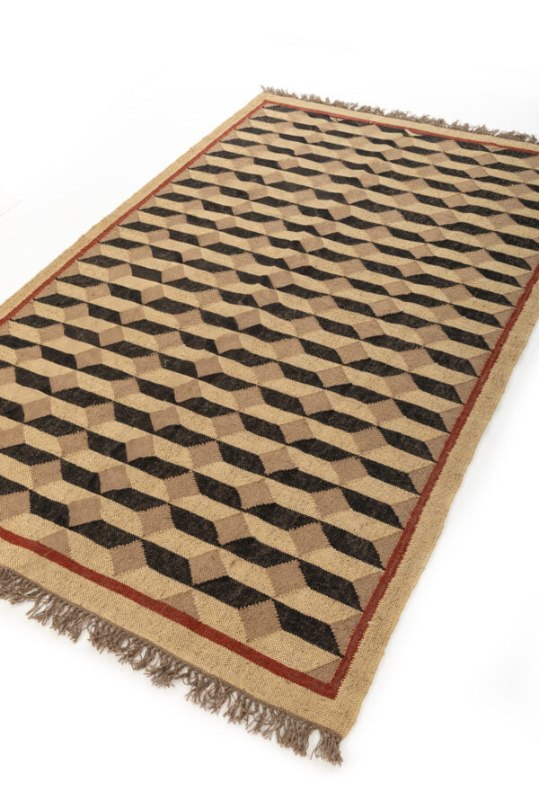 Handmade Dhurrie Wool Jute Rug, Beige And Black, Home Decor Rug