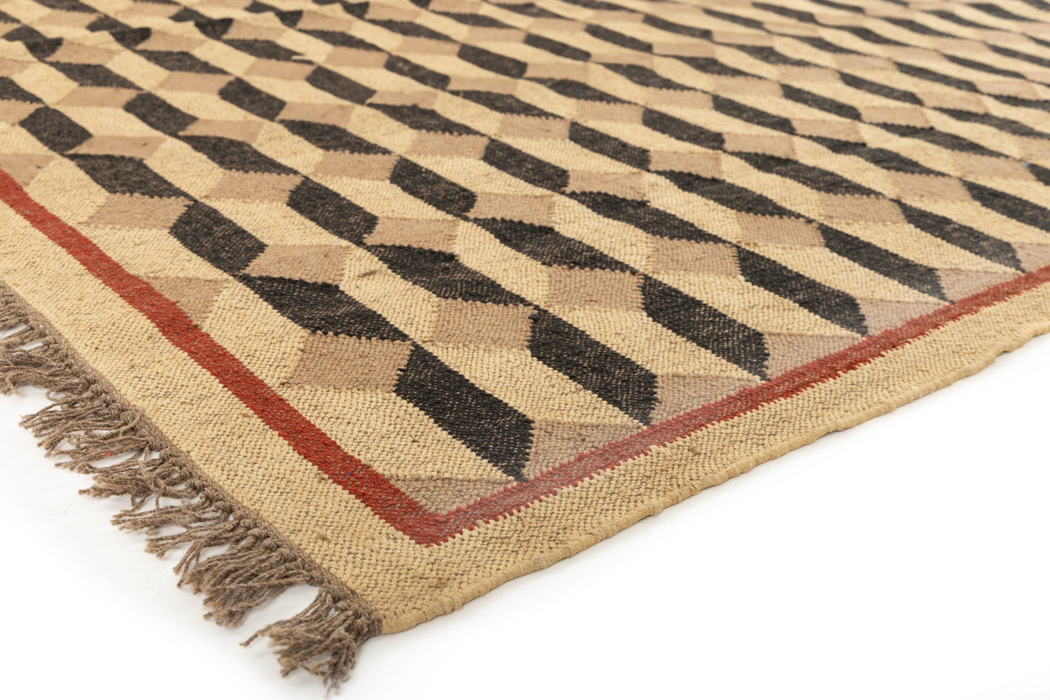 Handmade Dhurrie Wool Jute Rug, Beige And Black, Home Decor Rug