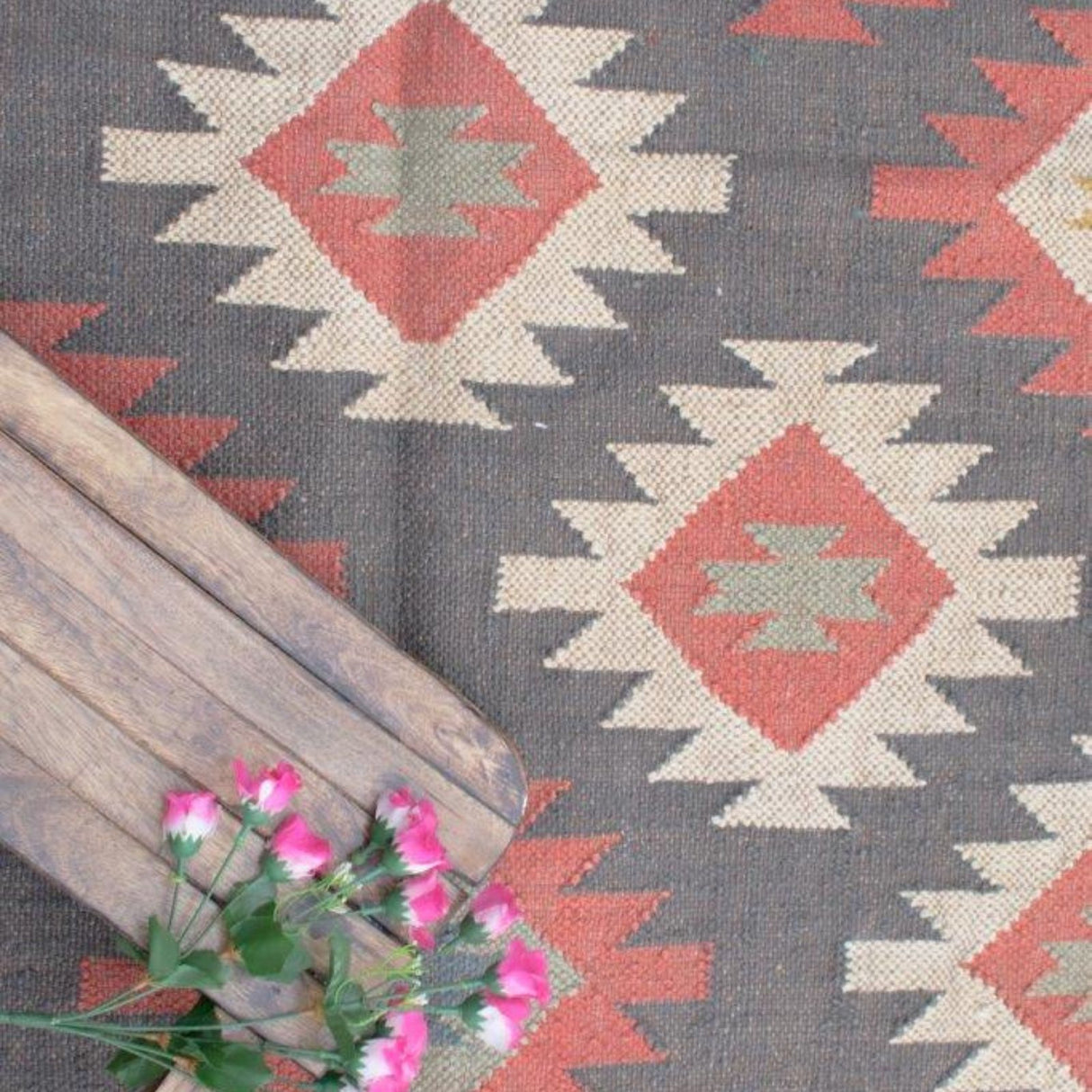 Boho Wool Jute Kilim Rug Handmade Navajo Rug