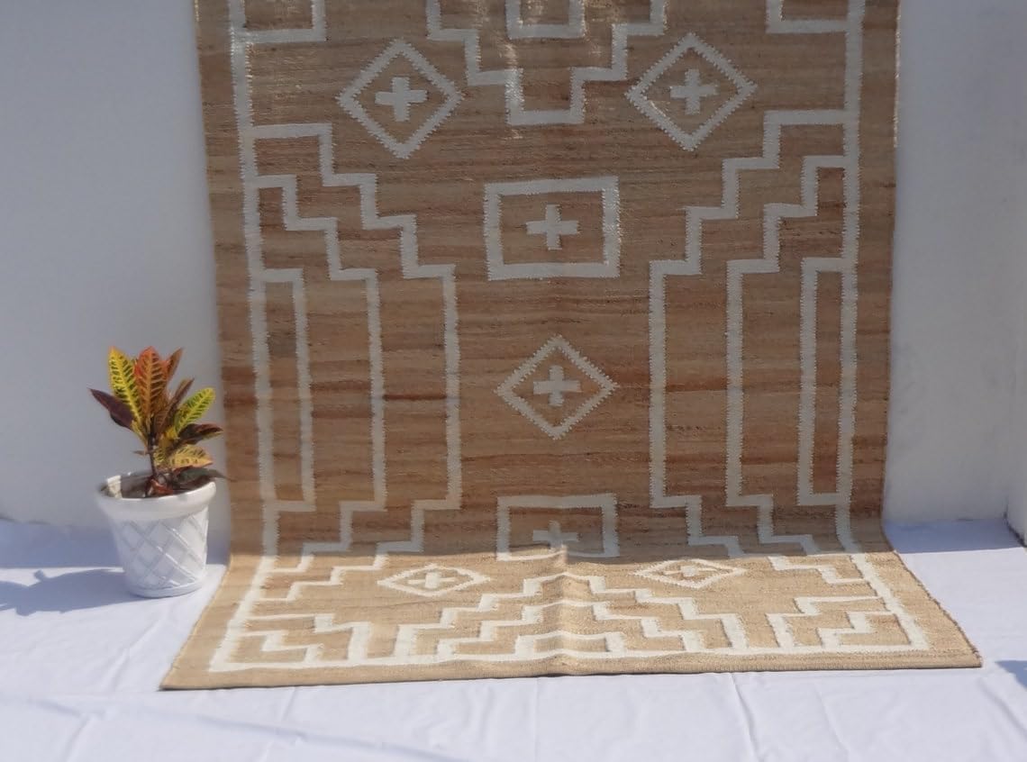 Handwoven Natural Jute & White Wool Boho Style Rug, Eco-Friendly Rugs