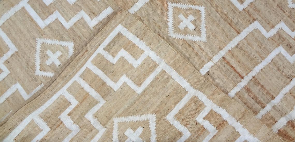 Handwoven Natural Jute & White Wool Boho Style Rug, Eco-Friendly Rugs