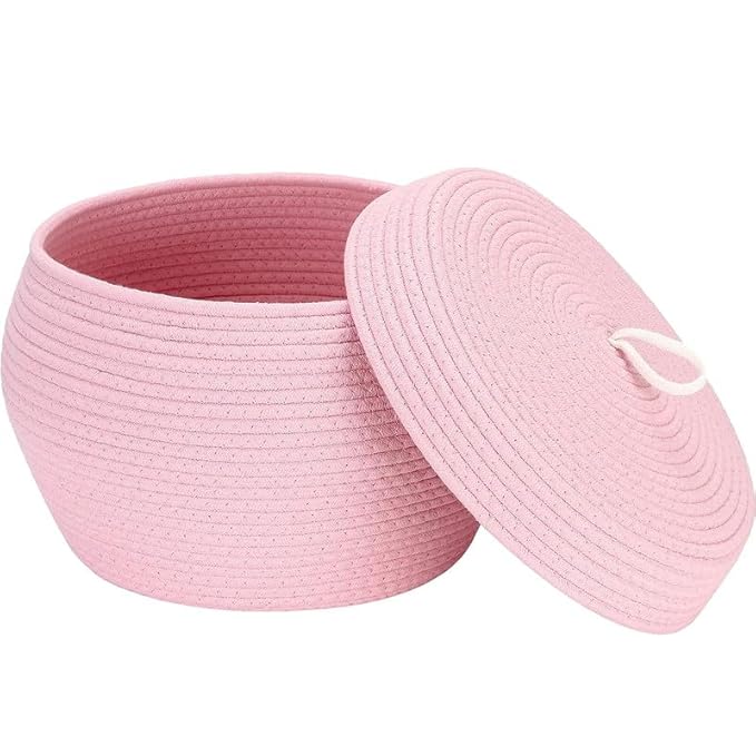 Round Cotton Rope Storage Basket with Lid, Decorative Woven Storage Bin, Pot, Caddy, Organizer, Container for Snacks
