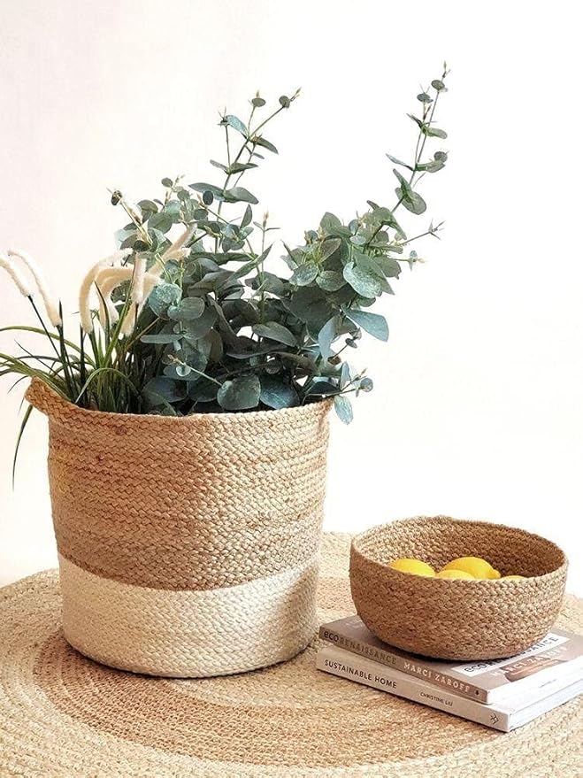 Handwowen Jute Planter Pots/Storage Basket with Handle, Multi-Purpose Storage Bag
