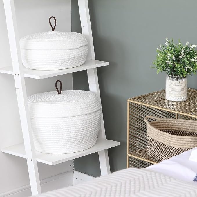 Round Cotton Rope Storage Basket with Lid, Decorative Woven Storage Bin, Pot, Caddy, Organizer, Container for Snacks
