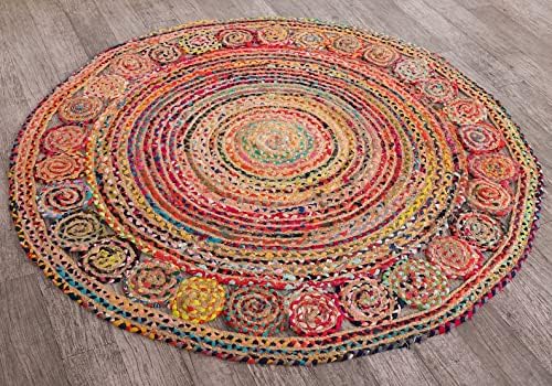 Handmade Recycled Chindi Rug – Braided Jute Cotton Pinwheel Design