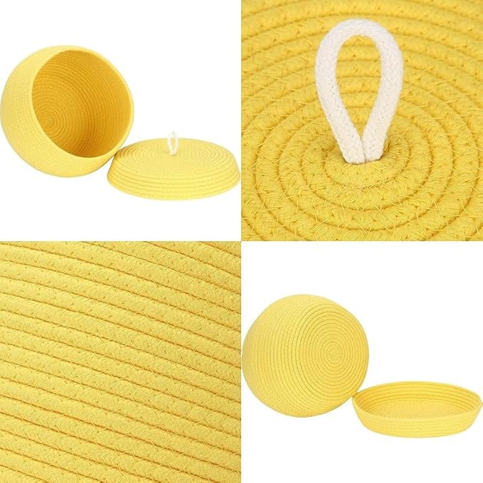 Round Cotton Rope Storage Basket with Lid, Decorative Woven Storage Bin, Pot, Caddy, Organizer, Container for Snacks