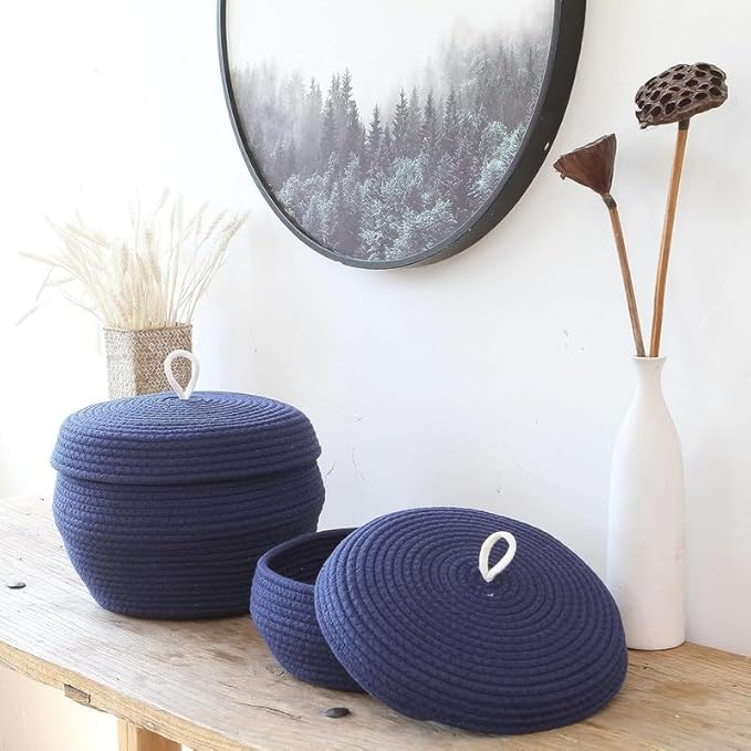 Round Cotton Rope Storage Basket with Lid, Decorative Woven Storage Bin, Pot, Caddy, Organizer, Container for Snacks