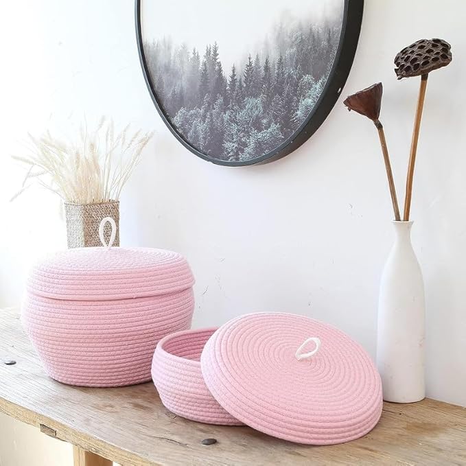 Round Cotton Rope Storage Basket with Lid, Decorative Woven Storage Bin, Pot, Caddy, Organizer, Container for Snacks