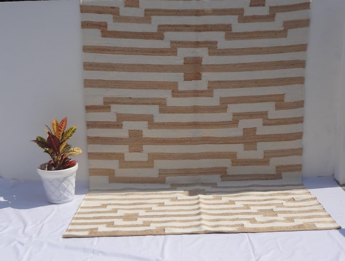 Handwoven Natural Jute & White Wool Boho Style Rug, Eco-Friendly Rugs