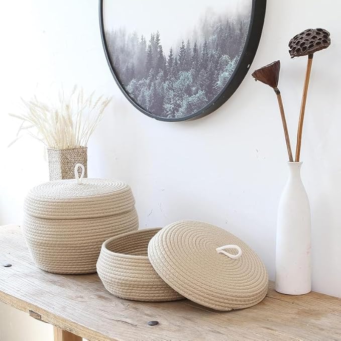 Round Cotton Rope Storage Basket with Lid, Decorative Woven Storage Bin, Pot, Caddy, Organizer, Container for Snacks