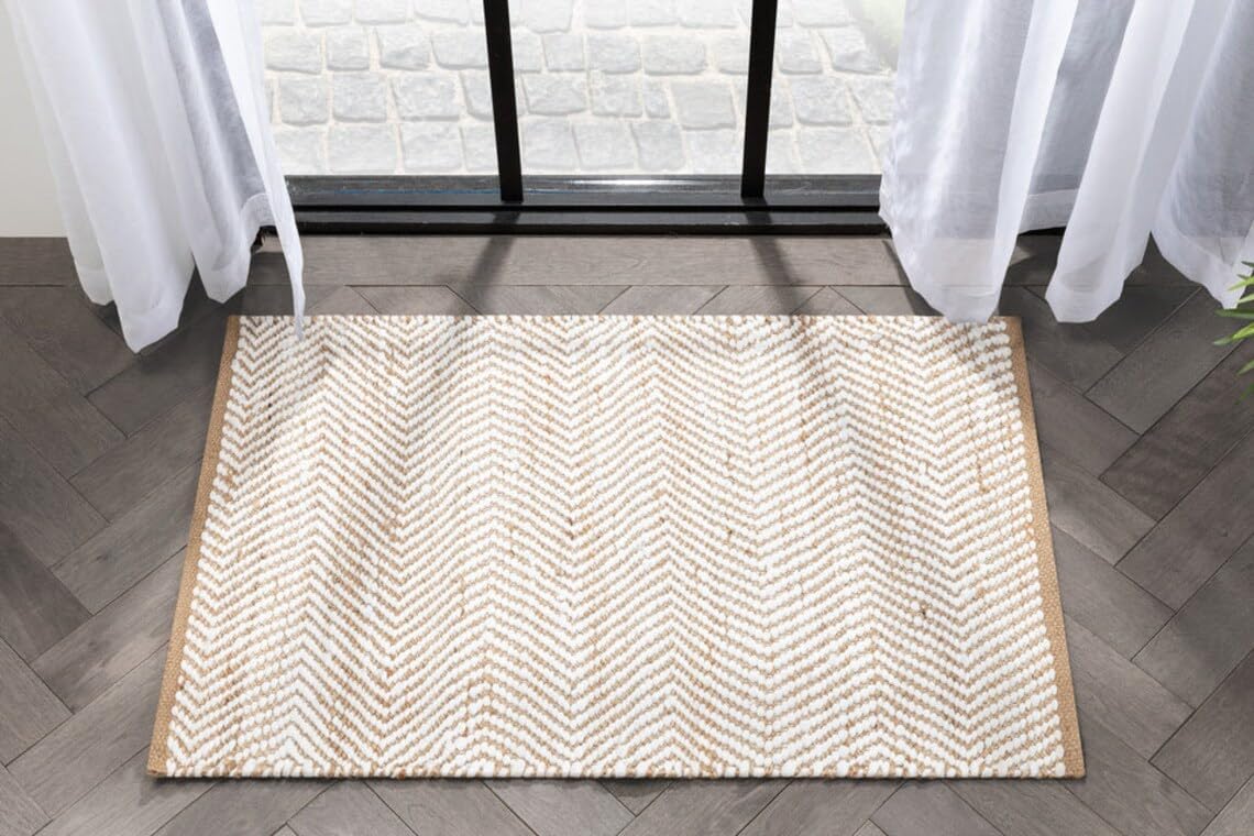 Handwoven Natural Jute and White Cotton jig Jak Design Rug,Eco-Friendly Rugs