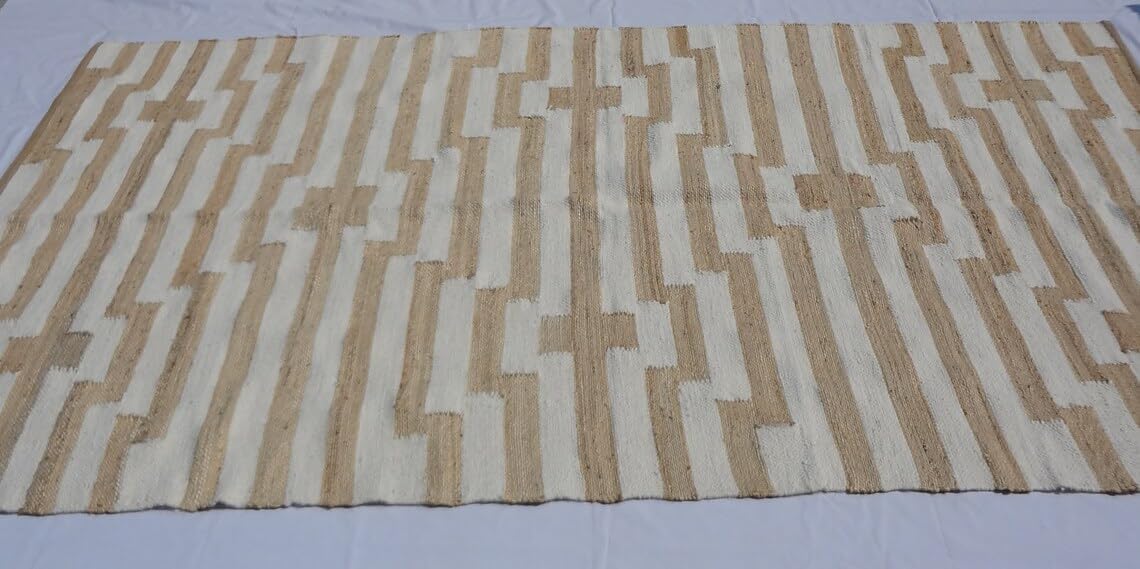 Handwoven Natural Jute & White Wool Boho Style Rug, Eco-Friendly Rugs
