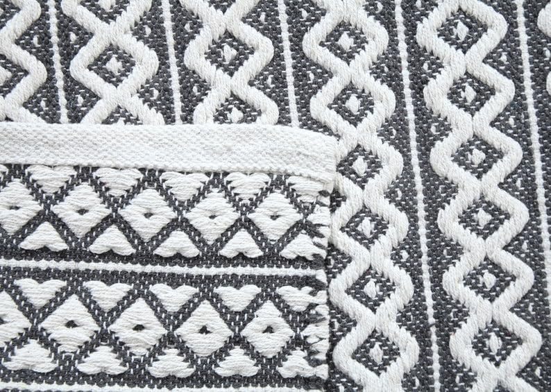Cotton Rugs For Living Room Zig Zag Pattern Handmade Reversible Grey White Border Rug