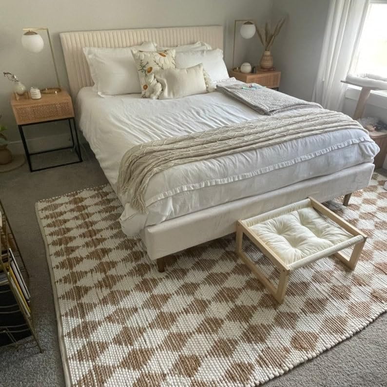 White Cotton & Jute Rug Dimond Pattern Boho Hand Woven Cotton Rugs,Natural Fiber Rugs