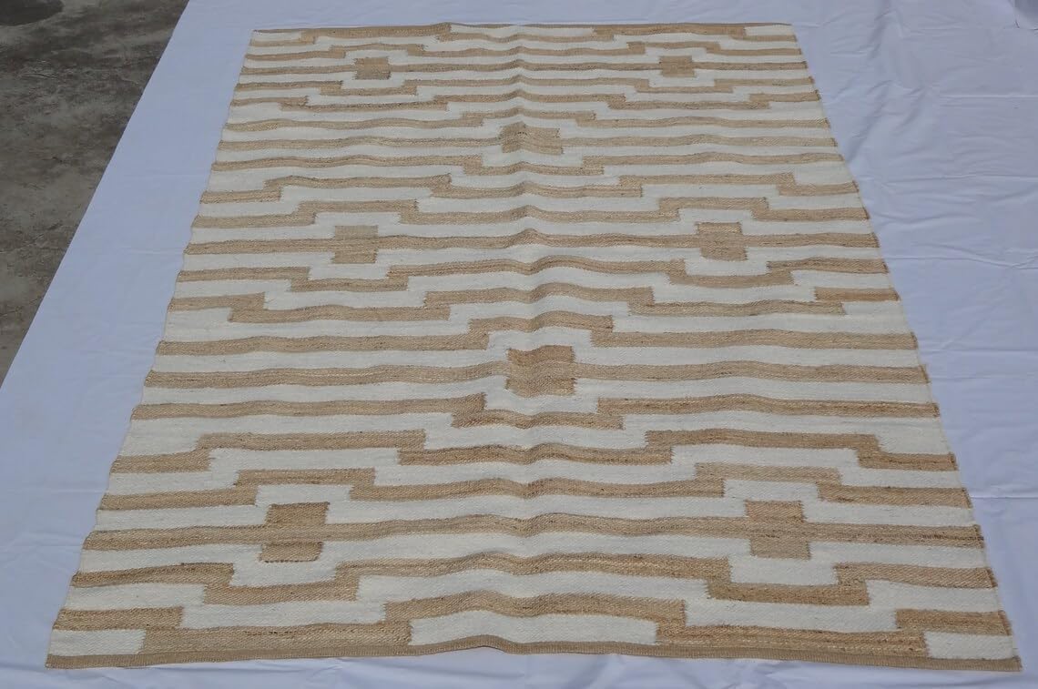 Handwoven Natural Jute & White Wool Boho Style Rug, Eco-Friendly Rugs