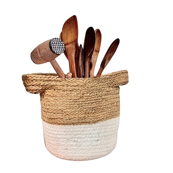 Jute and Cotton Basket Beige & White Storage Baskets