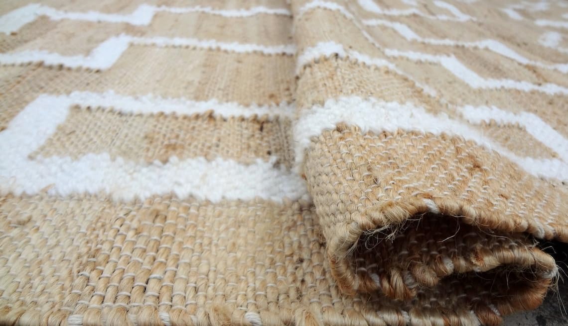 Handwoven Natural Jute & White Wool Boho Style Rug, Eco-Friendly Rugs