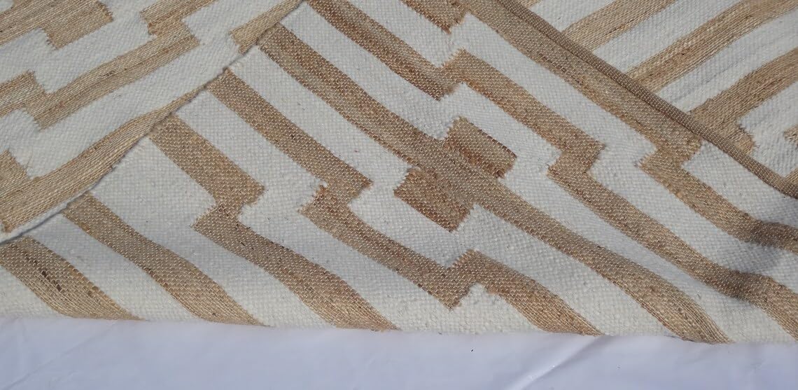 Handwoven Natural Jute & White Wool Boho Style Rug, Eco-Friendly Rugs