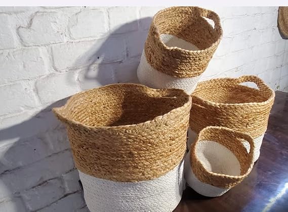 Jute and Cotton Basket Beige & White Storage Baskets