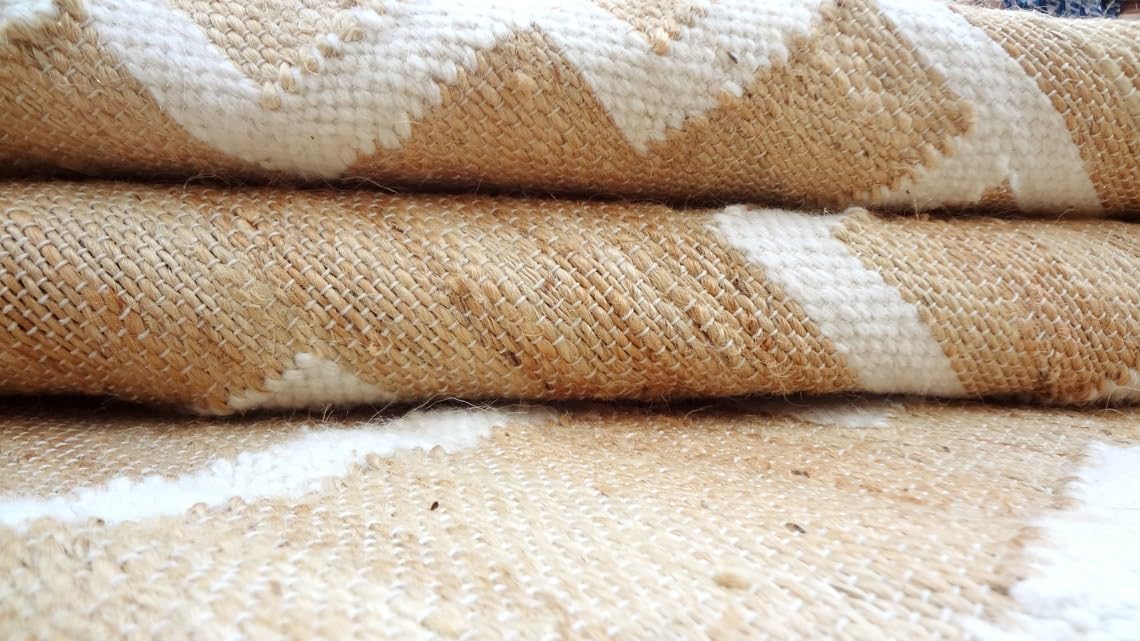 Handwoven Natural Jute & White Wool Boho Style Rug, Eco-Friendly Rugs