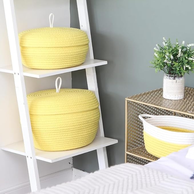 Round Cotton Rope Storage Basket with Lid, Decorative Woven Storage Bin, Pot, Caddy, Organizer, Container for Snacks