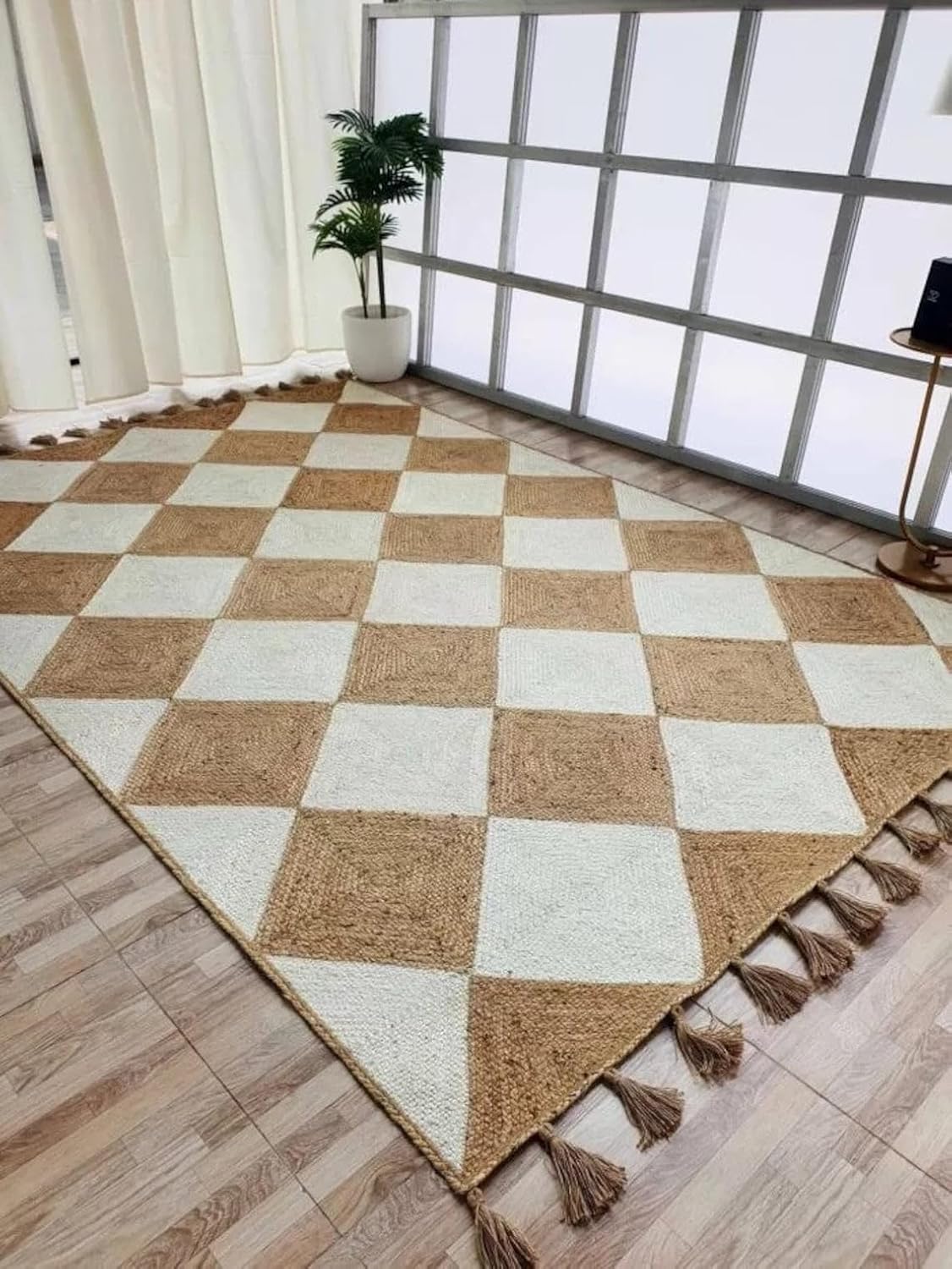 Diamond Pattern Hand Braided Natural Jute Rug – Indian Handmade Floor Decor