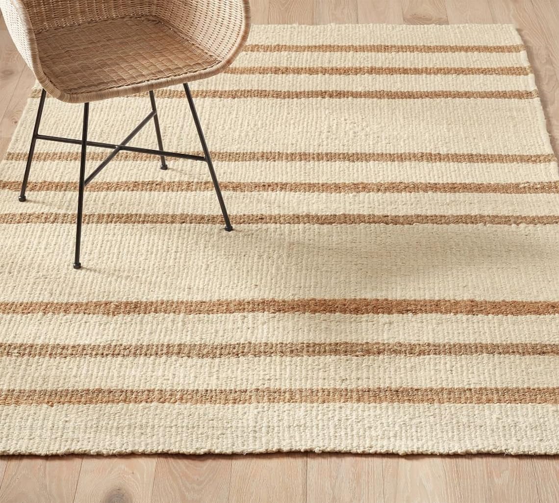 Premium White and Natural Jute Flat Weave Scandinavian Jute Rug,Hemp Area Rugs