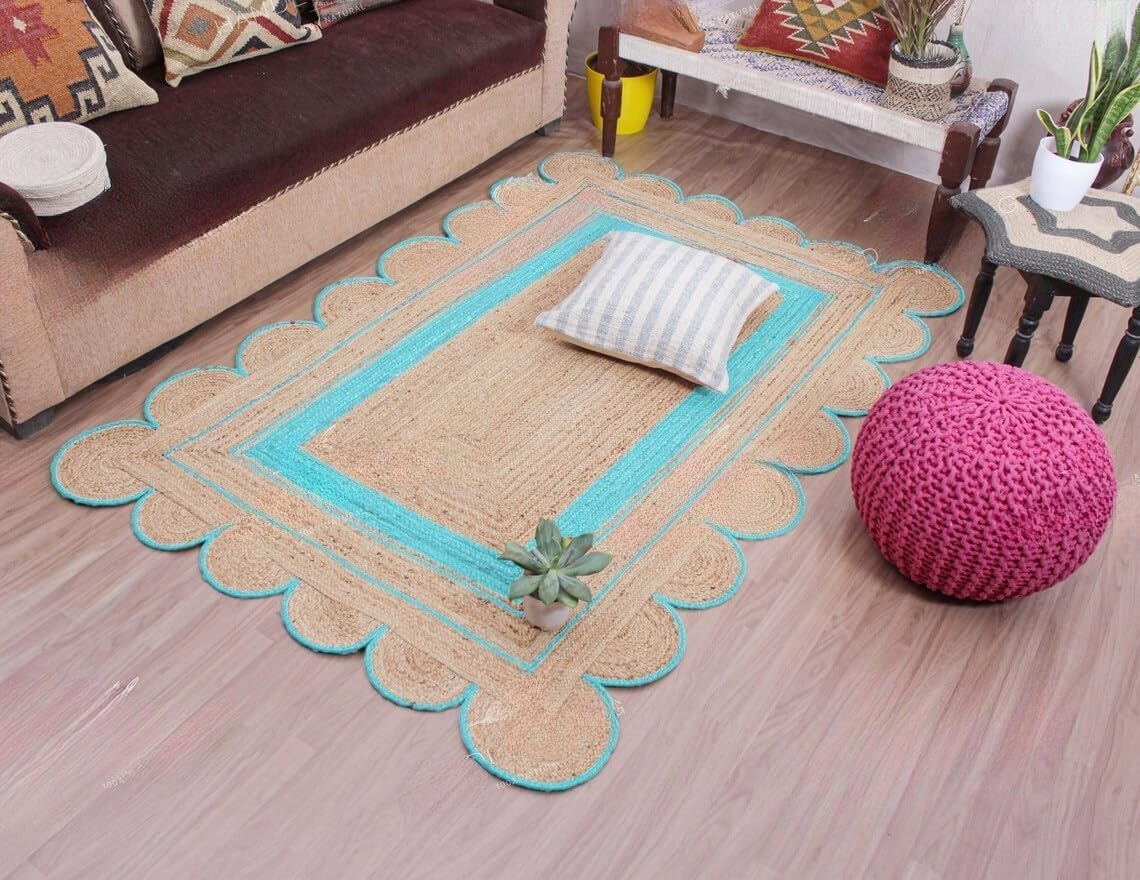 Handmade Scalloped Jute Rug – Boho Natural Fiber Rug with Unique Design