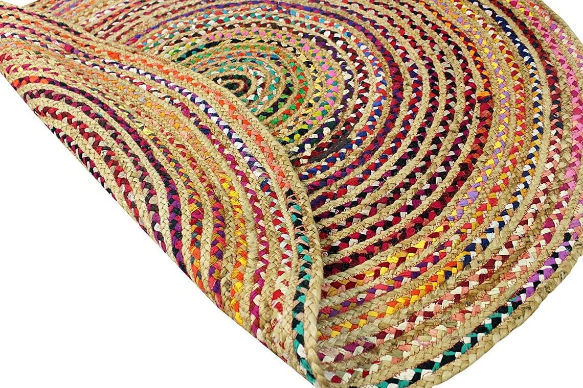Indian Handmade Braided Rug – Colorful Jute Chindi Cotton Carpet for Home Interiors