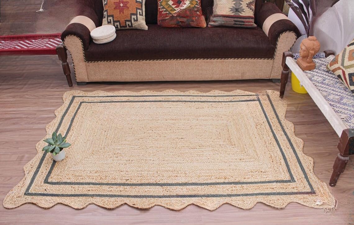 Bohemian Scalloped Jute Rug – Unique Design Natural Fiber Area Rug