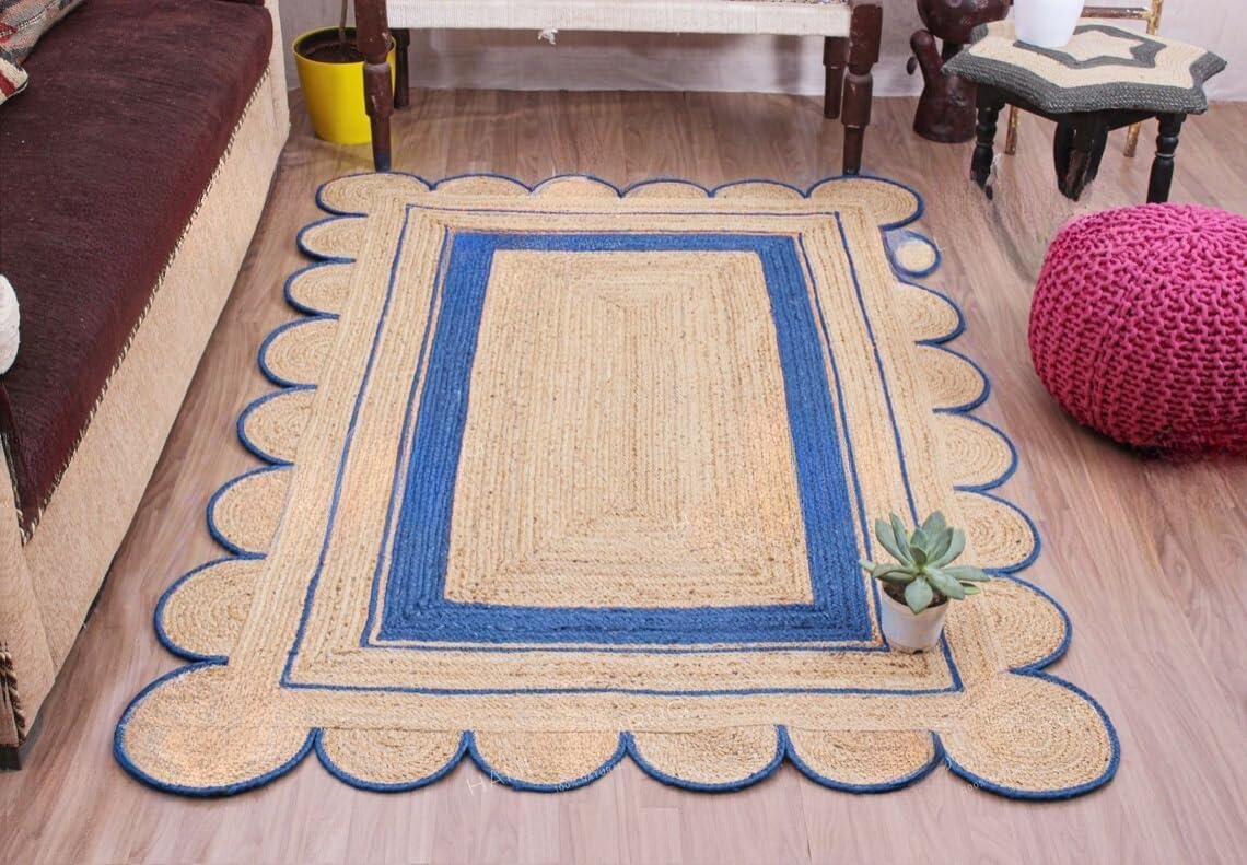 Handmade Scalloped Jute Rug – Boho Natural Fiber Rug with Unique Design