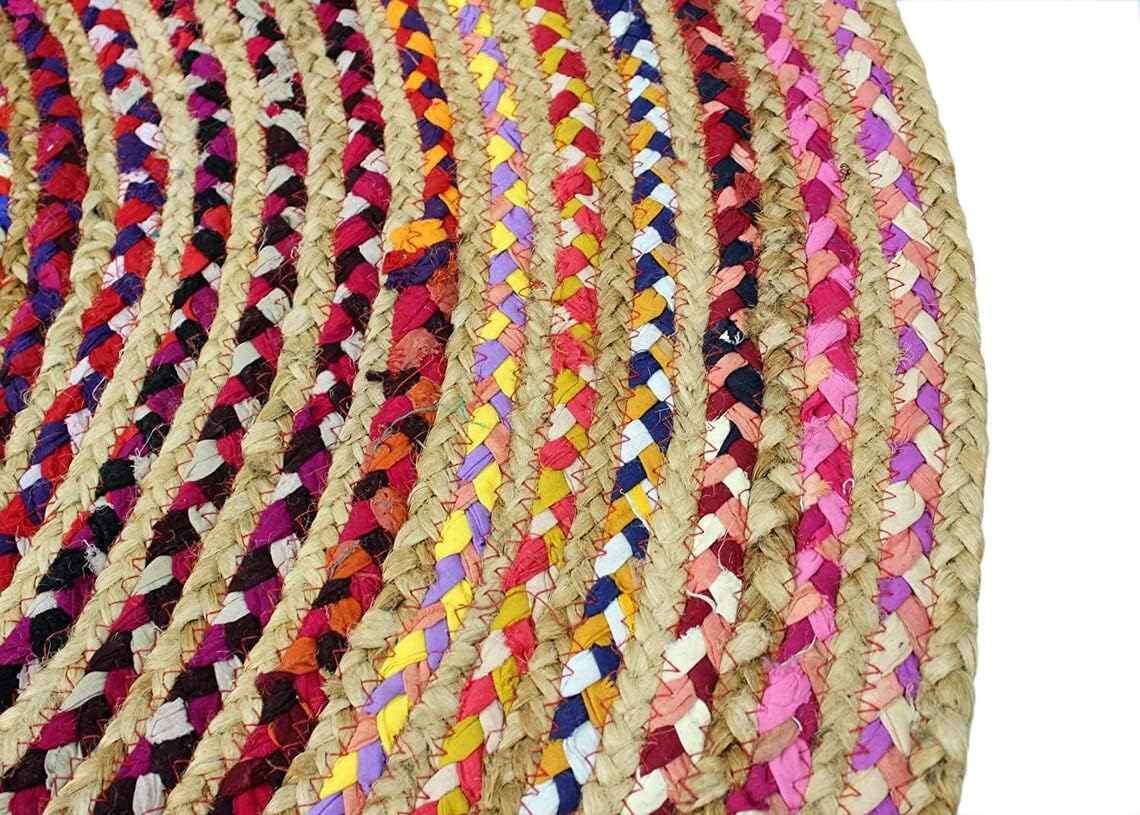Indian Handmade Braided Rug – Colorful Jute Chindi Cotton Carpet for Home Interiors