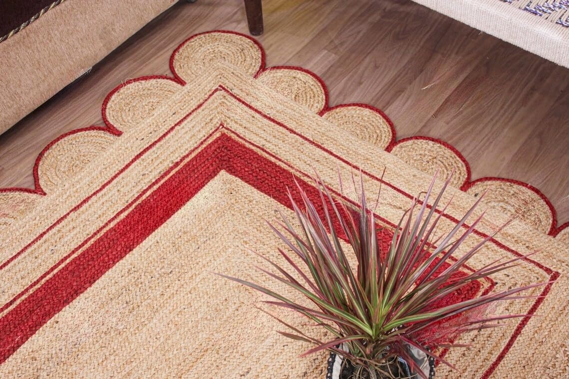 Handmade Scalloped Jute Rug – Boho Natural Fiber Rug with Unique Design